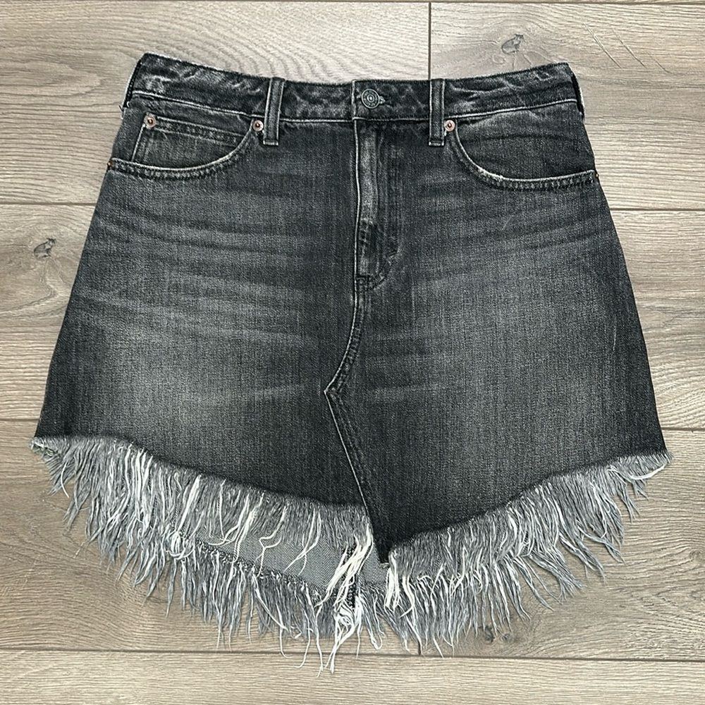 We The Free Black Denim Fringe Hem Mini Jean Skirt Size 28
